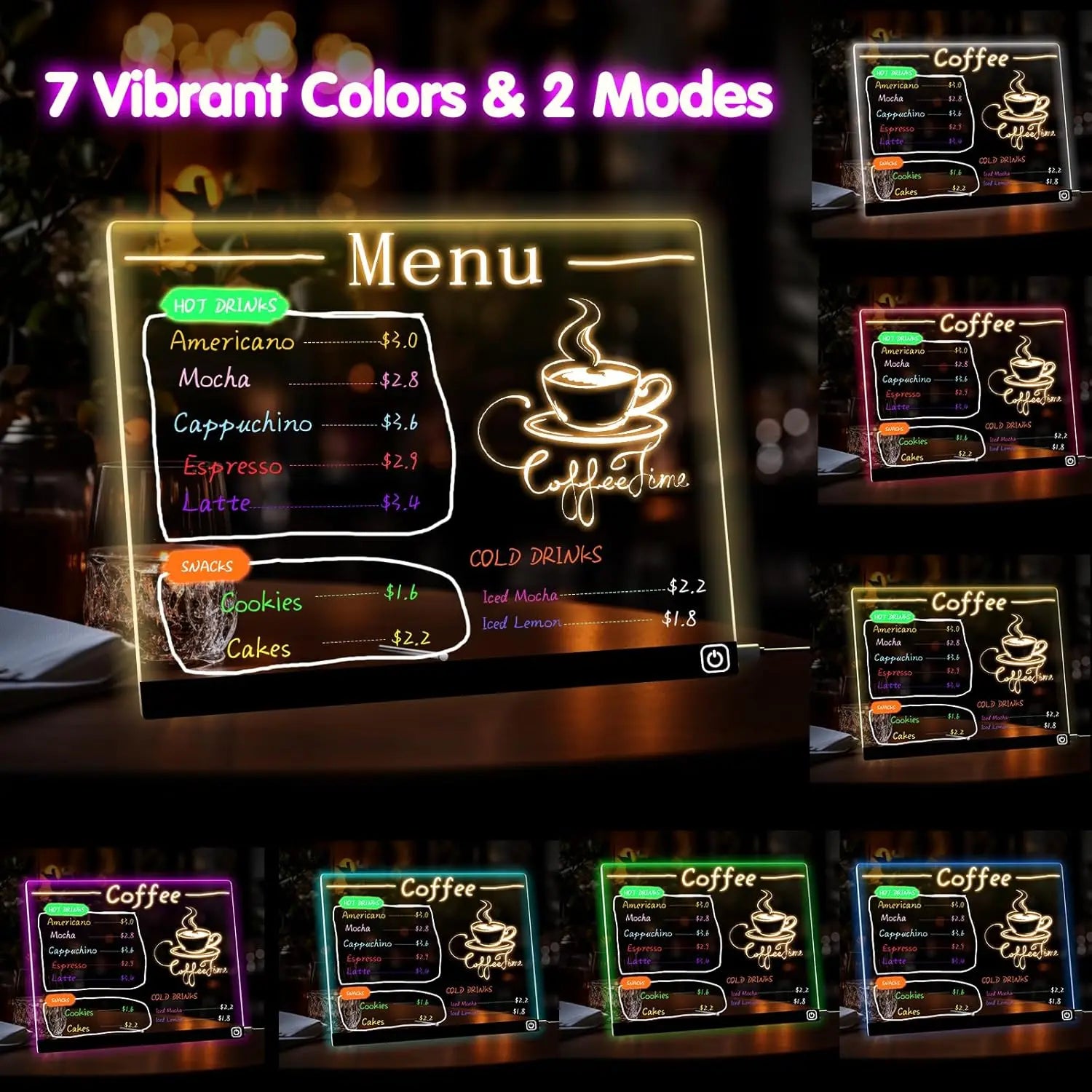 Kolorowa tablica LED z lampką nocną — akrylowa tablica DIY z 7 markerami.