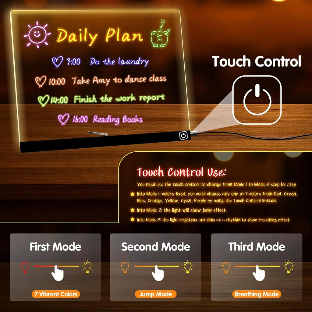 Kolorowa tablica LED z lampką nocną — akrylowa tablica DIY z 7 markerami.